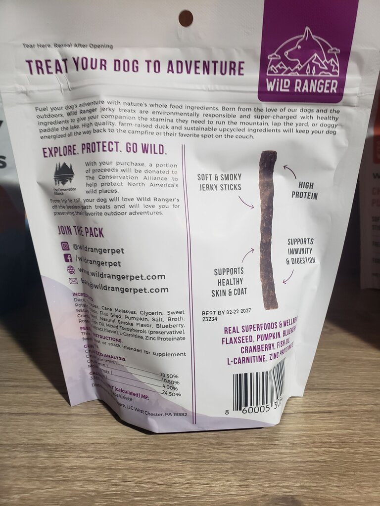 Wild Ranger Jerky Dog Treats with Duck, Sweet Potato, Pumpkin & Flaxseed