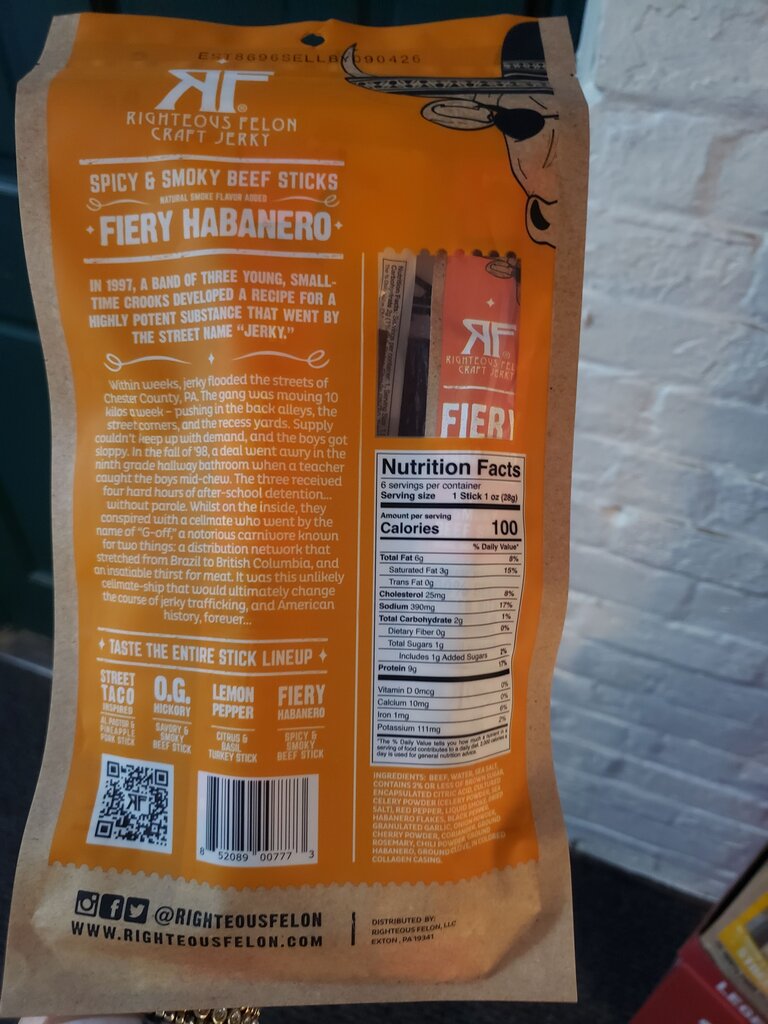 Righteous Felon Craft Jerky Fiery Habanero Beef Sticks