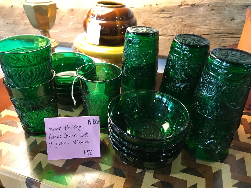 Anchor Hocking Forest Green Set of Glasses and Bowls