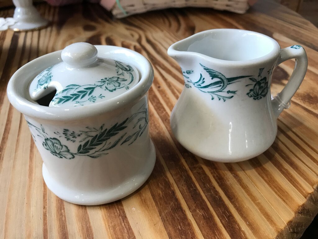 Vintage Green Floral Creamer and Sugar Bowl Set