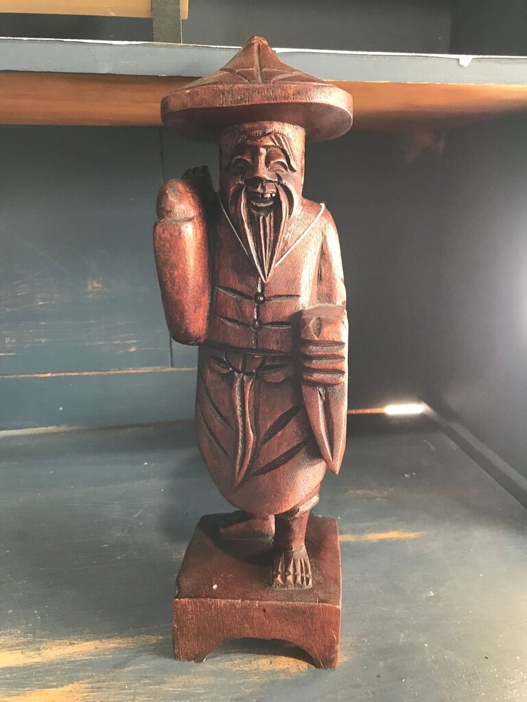Asian Wooden Carved Figurine of a Smiling Man