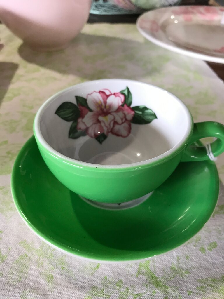 Vintage Green Floral Tea Cup and Saucer