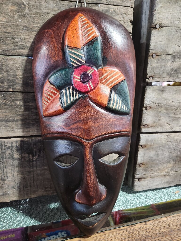Wooden African Tribal Mask with Colorful Floral Design