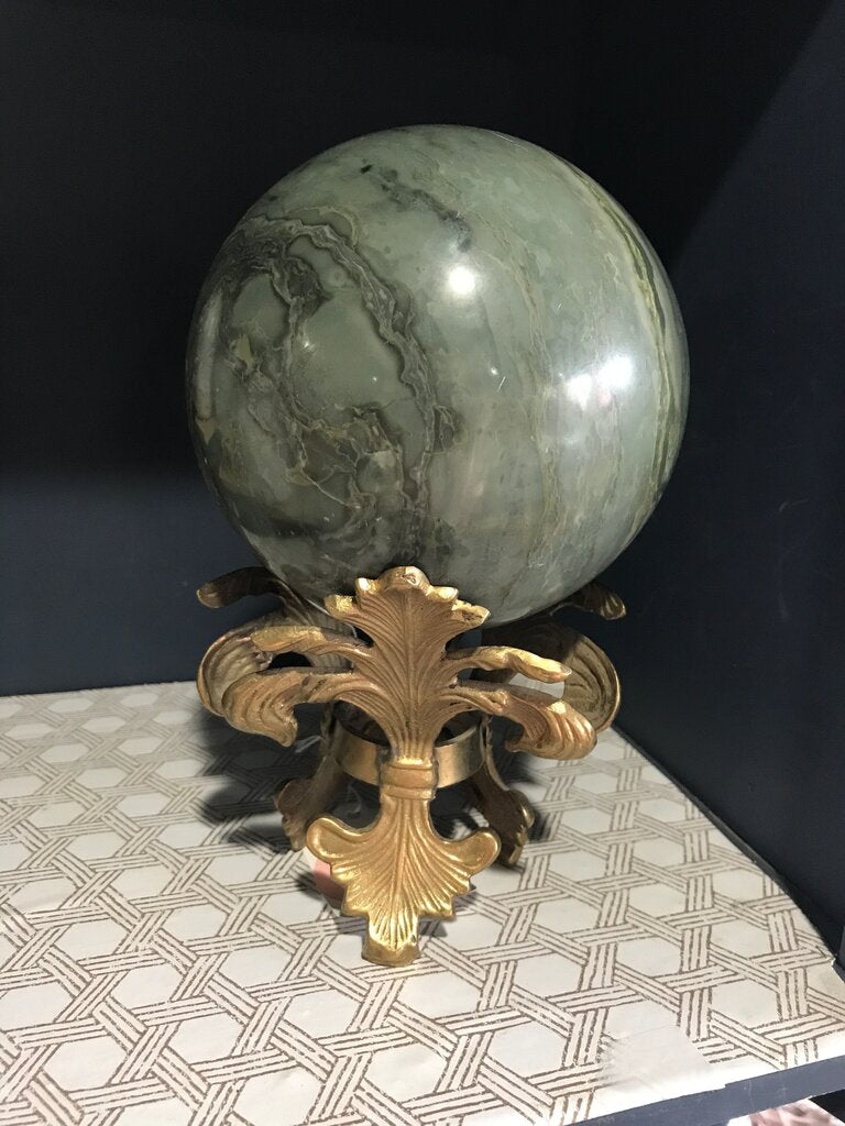 Vintage Green Marble Sphere on Ornate Stand