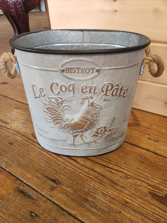 Vintage Metal Galvanized Bucket with Chicken Design