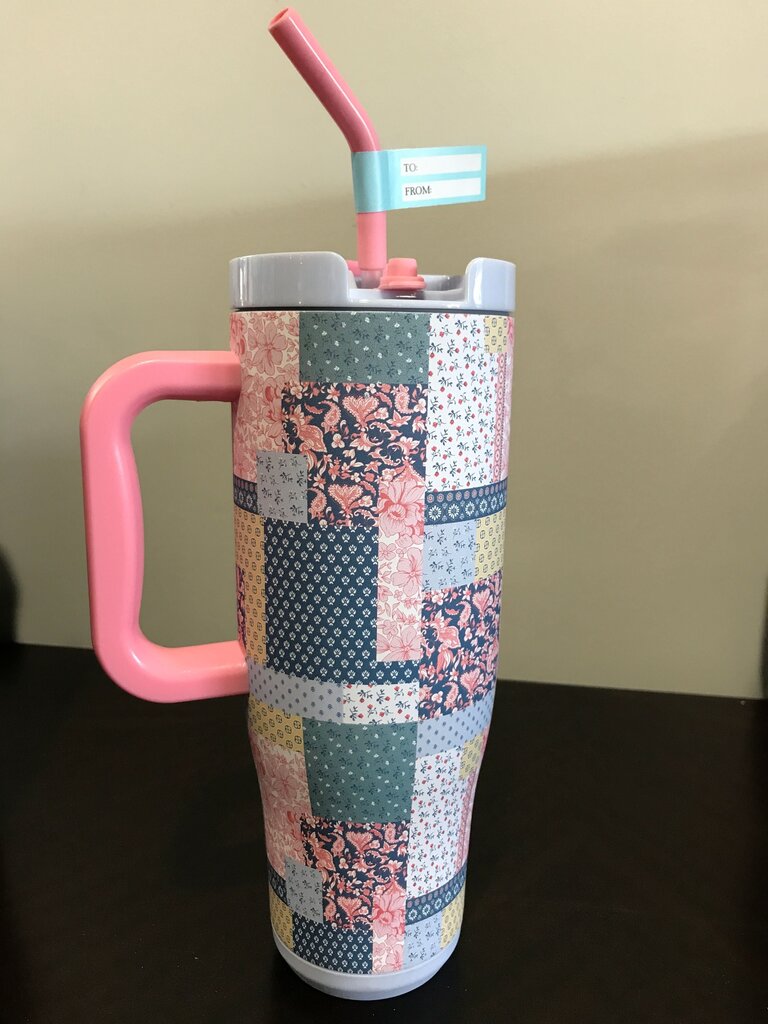 Patchwork Design Drink Mug with Straw