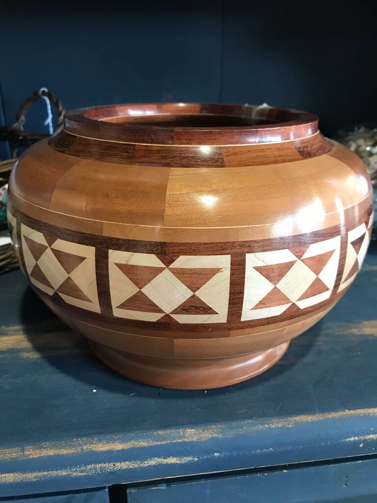 Hand carved Decorative Wooden Bowl with Geometric Inlay