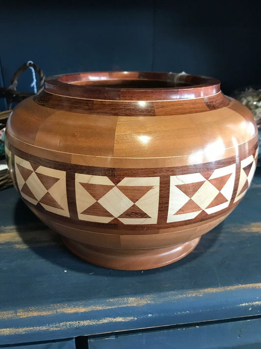 Hand carved Decorative Wooden Bowl with Geometric Inlay