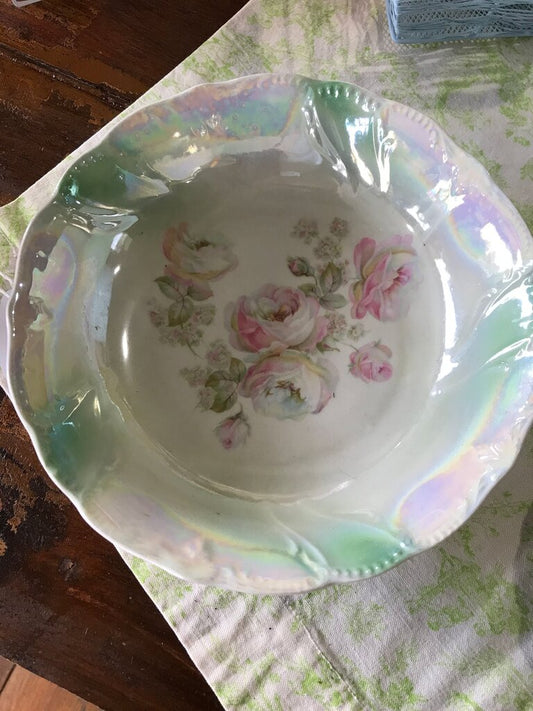 Vintage Floral Iridescent Serving Bowl