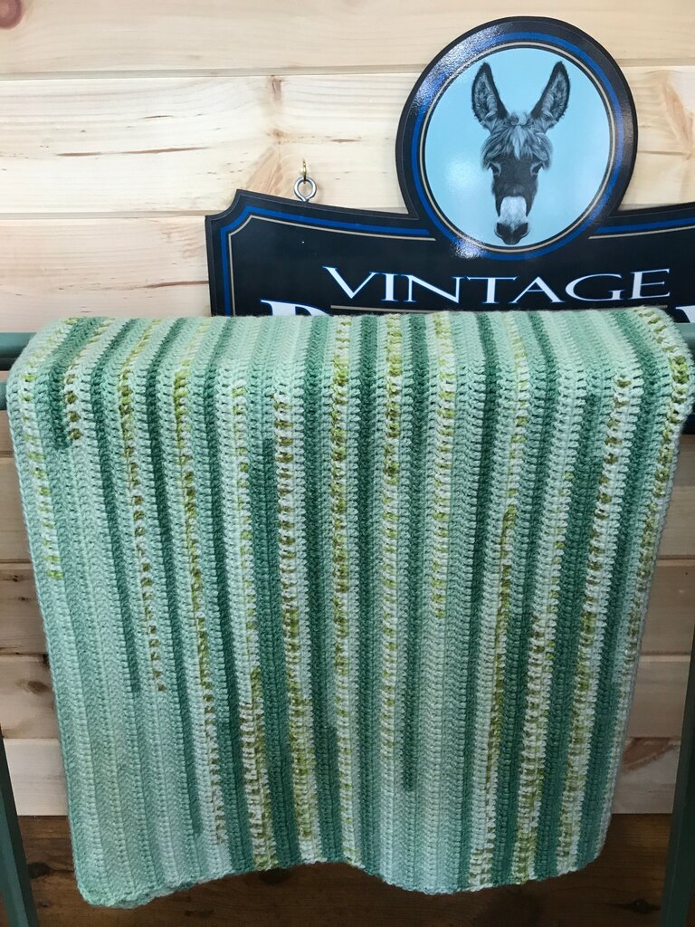 Crocheted Baby Blanket w/green stripes