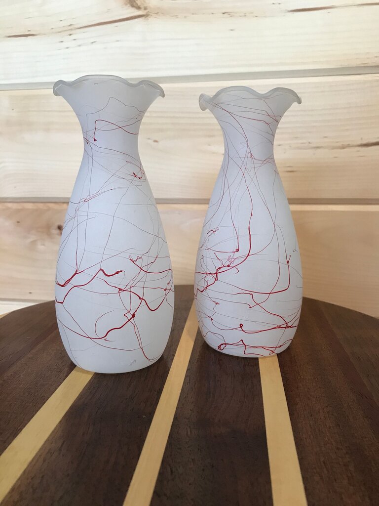 Vintage Frosted Vases with Red Swirls