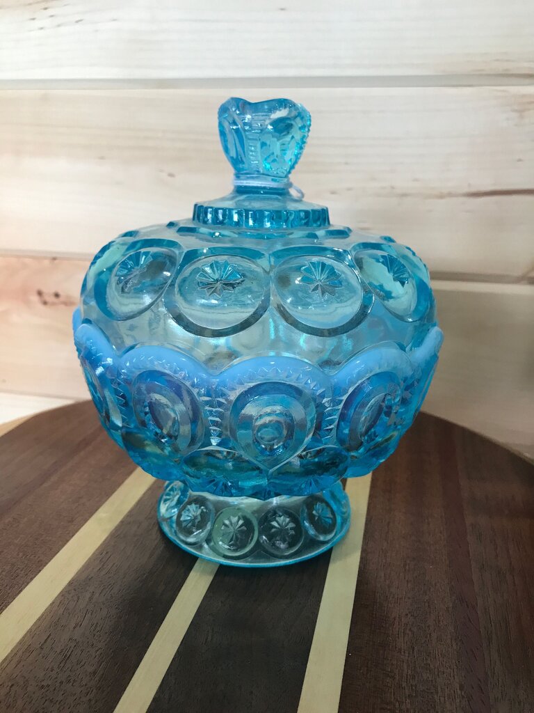 Vintage Blue Glass Pedestal Candy Dish